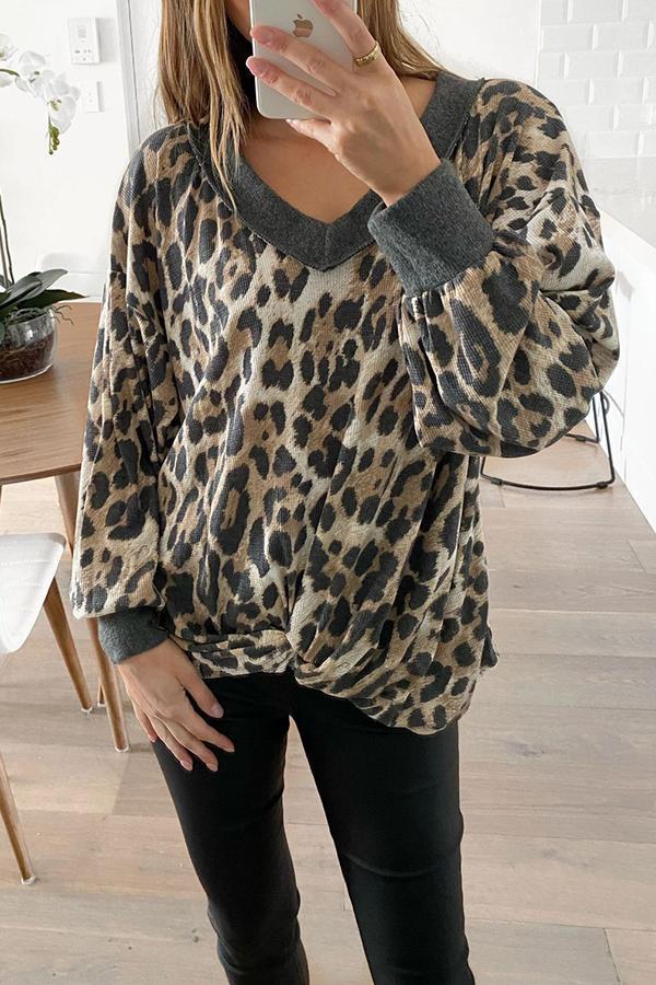 Modern Leopard Print V Neck Baggy Sweatshirt