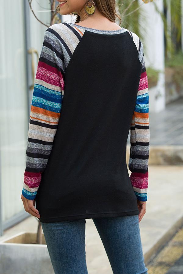 Color Striped Sequined Pocket Long-sleeved Sweatshirt