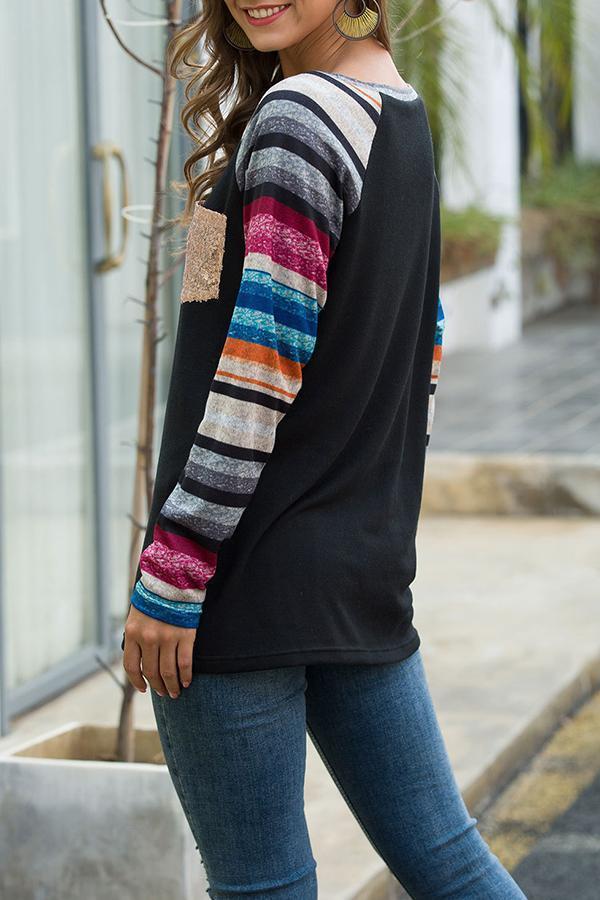 Color Striped Sequined Pocket Long-sleeved Sweatshirt