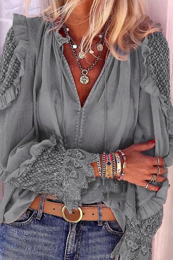 Romantic Elegant Lace Hollow Out V-neck Chiffon Tailored Shirt