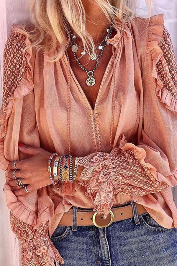 Romantic Elegant Lace Hollow Out V-neck Chiffon Tailored Shirt