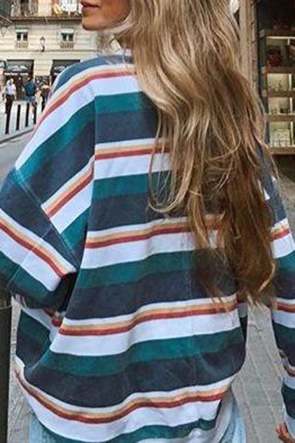 Casual Cute Modern Baggy Stripe Print Color Contrast Sweater