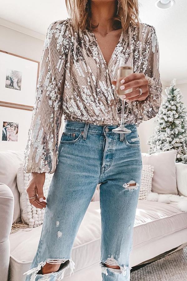 Striking Sequined V Neck Blouse