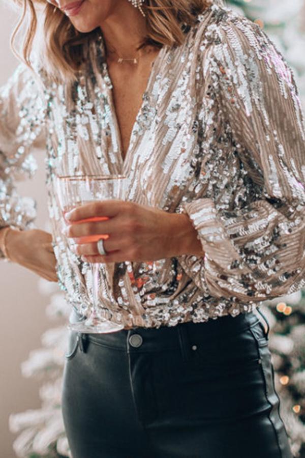 Christmas Party Limited Editions Striking Sequined V Neck Blouse