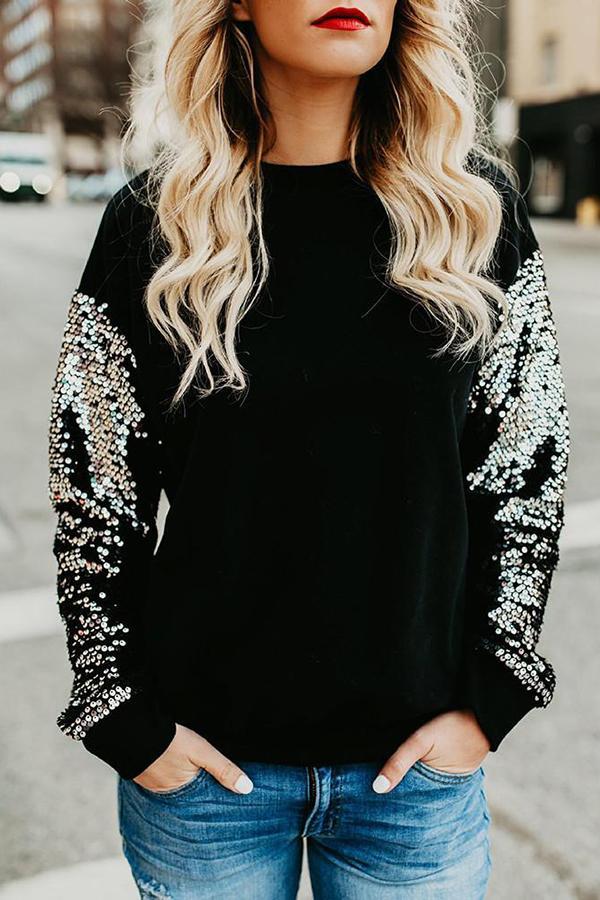 Long Sleeve Sequined Round Neck Sweatshirt