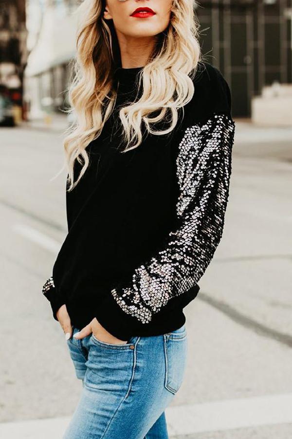 Long Sleeve Sequined Round Neck Sweatshirt