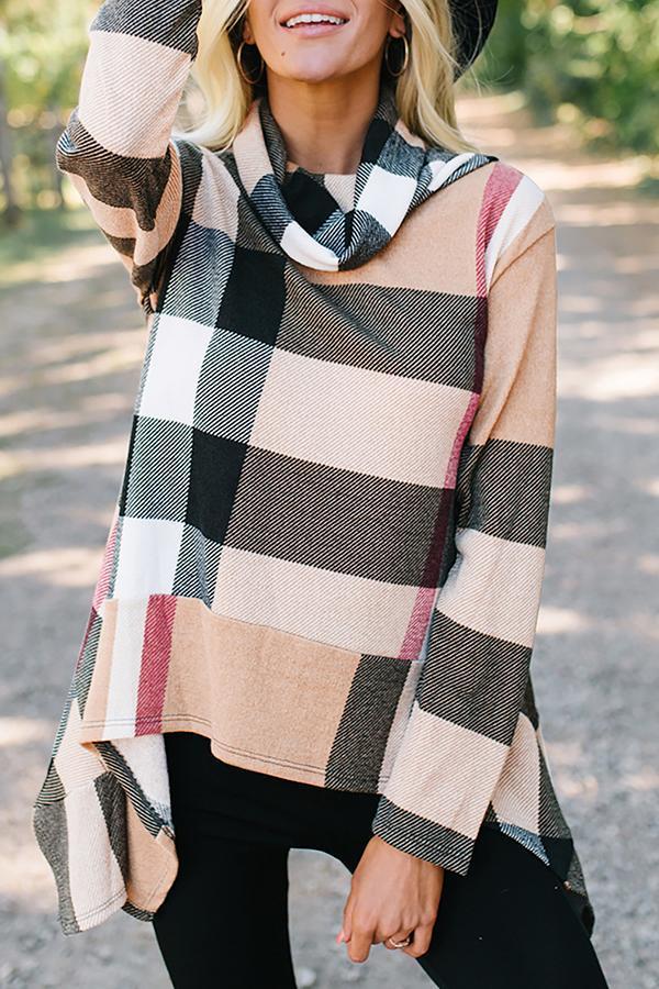 Irregular Plaid Long Sleeve T-shirt