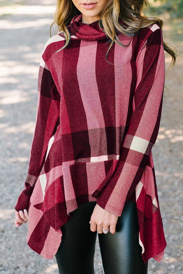 Irregular Plaid Long Sleeve T-shirt