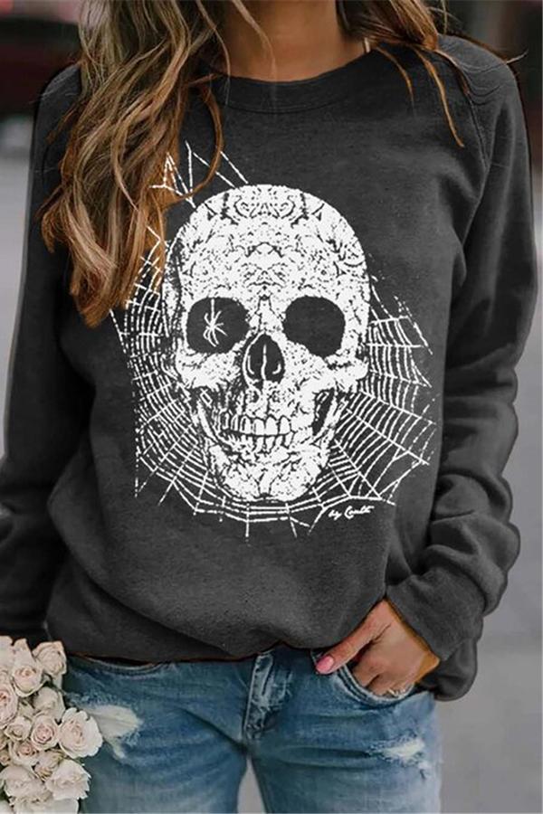 Skull Round Neck Casual Wear Sweatshirt