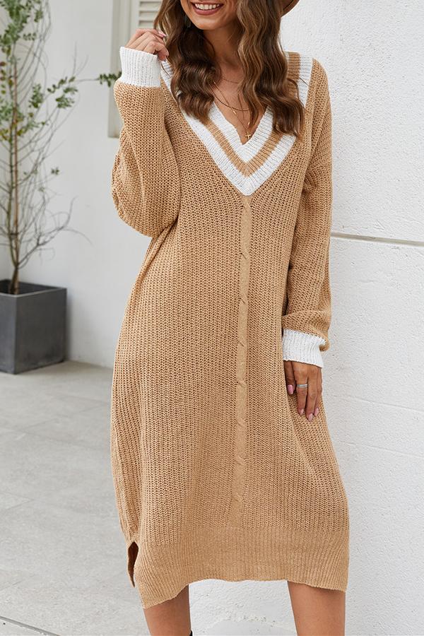 Long Sleeve Striped V Neck Knitted Dress