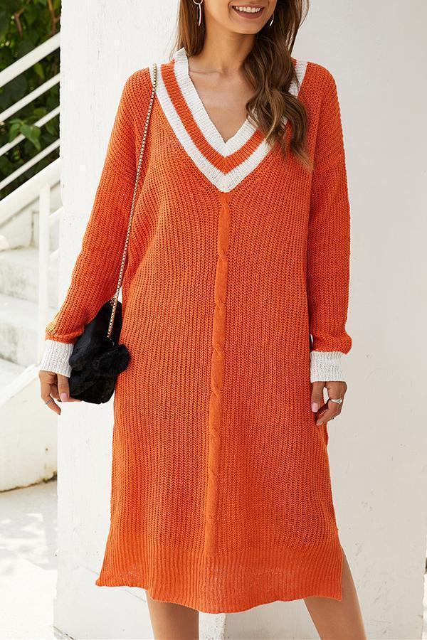 Long Sleeve Striped V Neck Knitted Dress