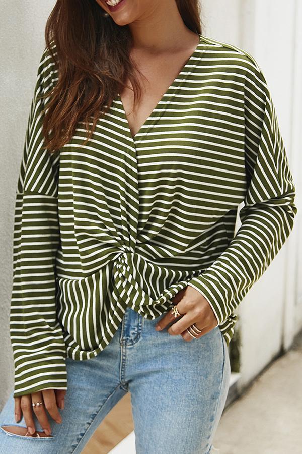 Long Sleeve Striped V Neck Knotted Blouse