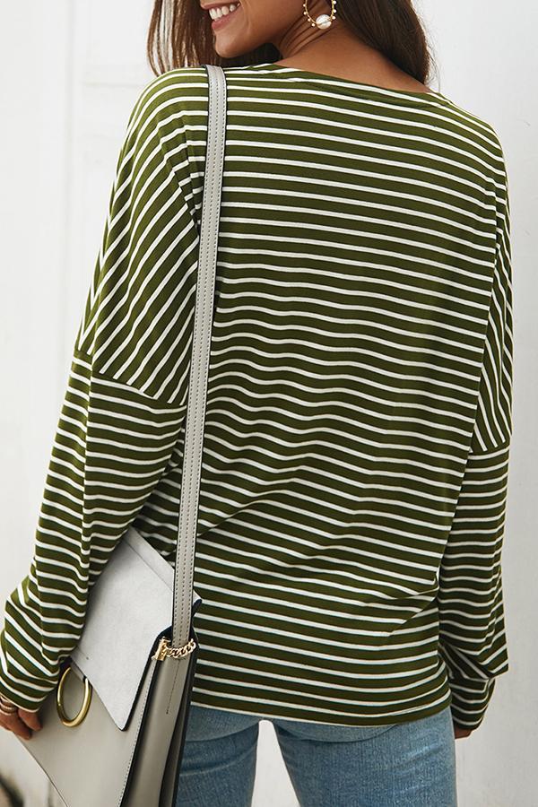 Long Sleeve Striped V Neck Knotted Blouse