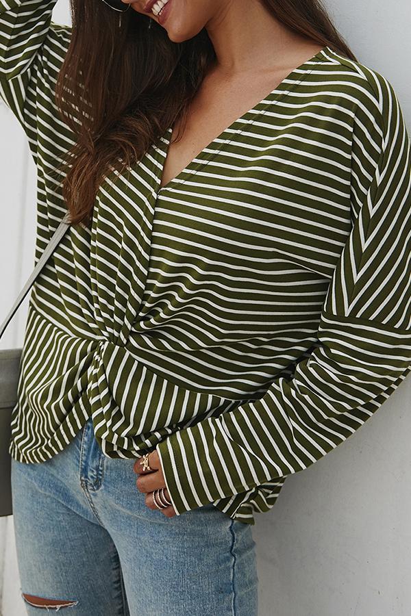 Long Sleeve Striped V Neck Knotted Blouse