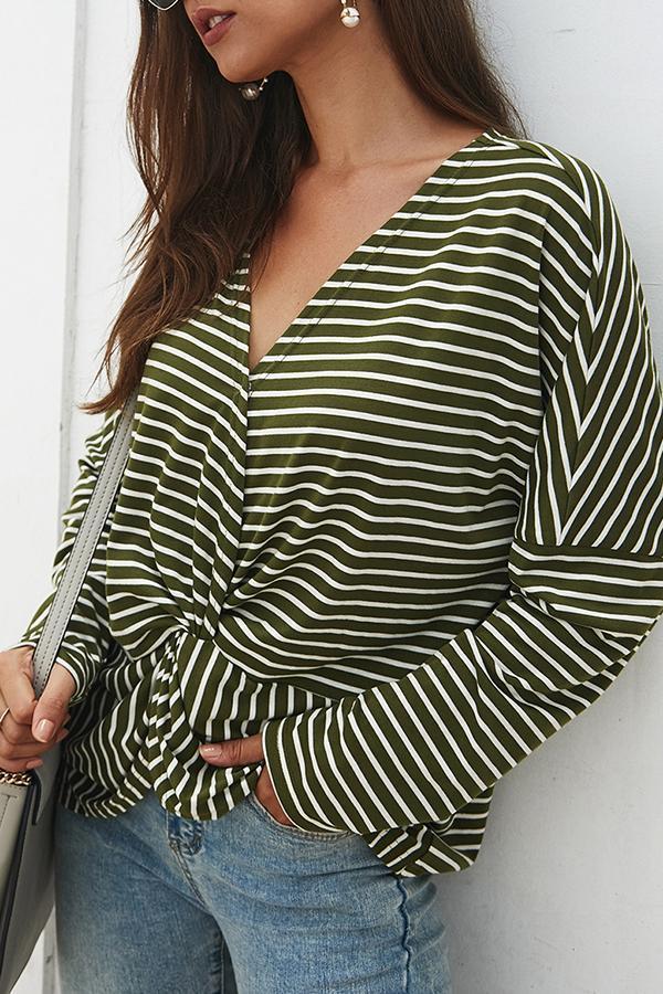 Long Sleeve Striped V Neck Knotted Blouse