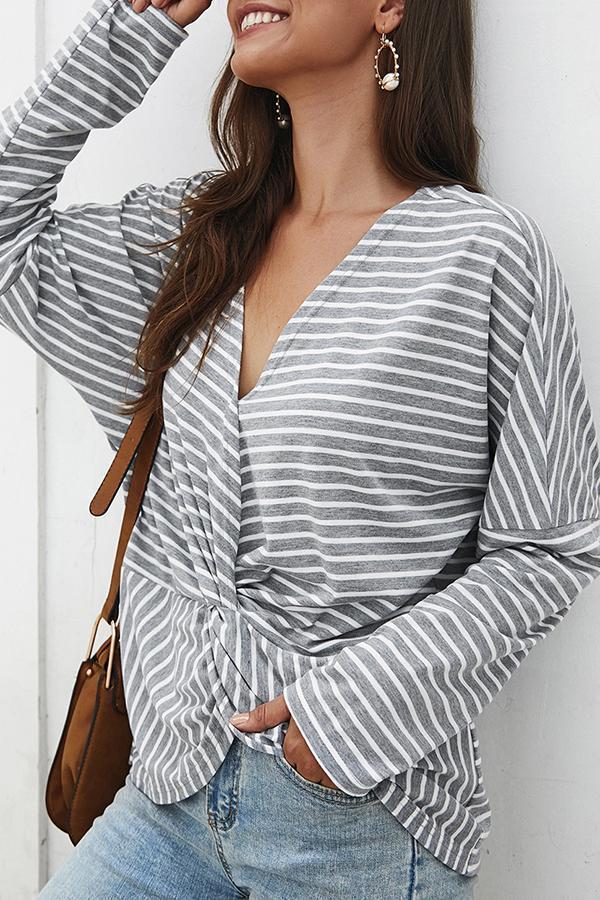 Long Sleeve Striped V Neck Knotted Blouse