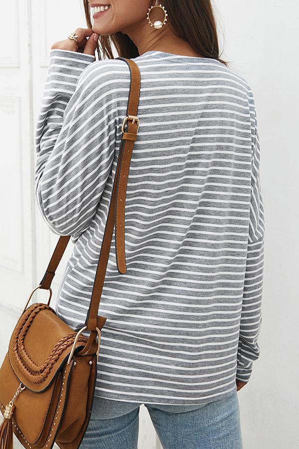 Long Sleeve Striped V Neck Knotted Blouse