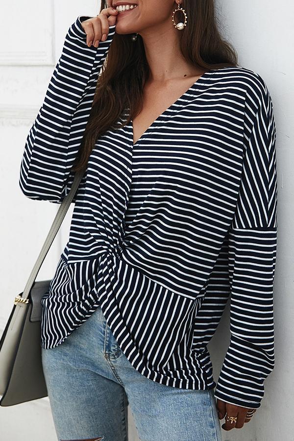 Long Sleeve Striped V Neck Knotted Blouse