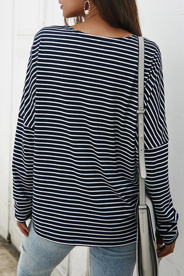 Long Sleeve Striped V Neck Knotted Blouse