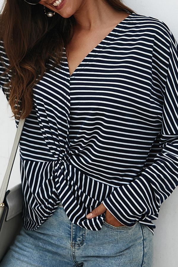 Long Sleeve Striped V Neck Knotted Blouse