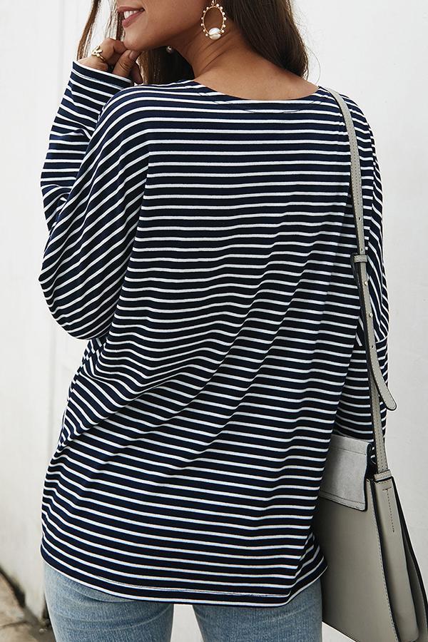 Long Sleeve Striped V Neck Knotted Blouse