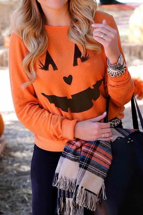 Long Sleeve Pumpkin Print Round Neck Sweatshirt