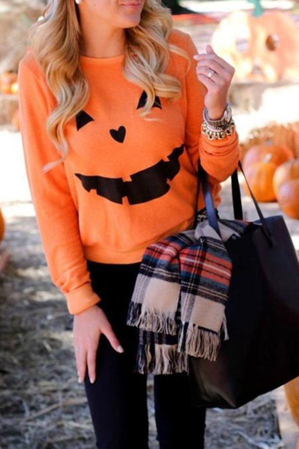 Long Sleeve Pumpkin Print Round Neck Sweatshirt