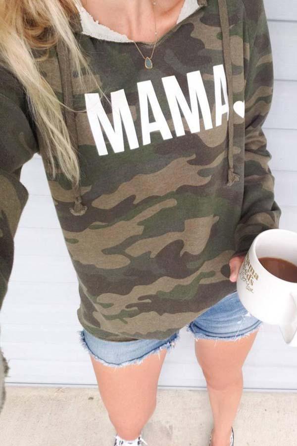 Long Sleeve Camouflage V Neck Hooded Top