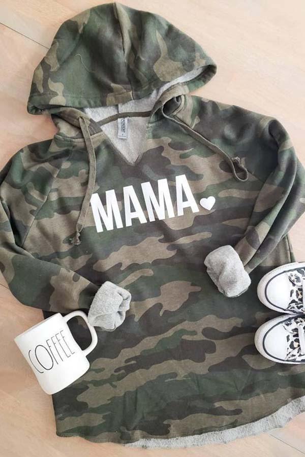 Long Sleeve Camouflage V Neck Hooded Top