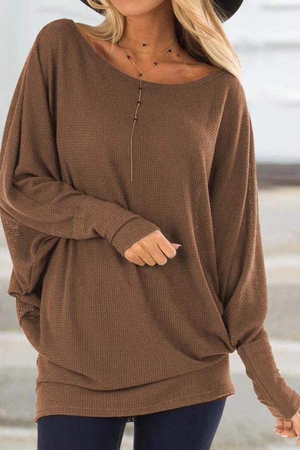 Batwing Sleeve Round Neck Waffle Sweatshirt