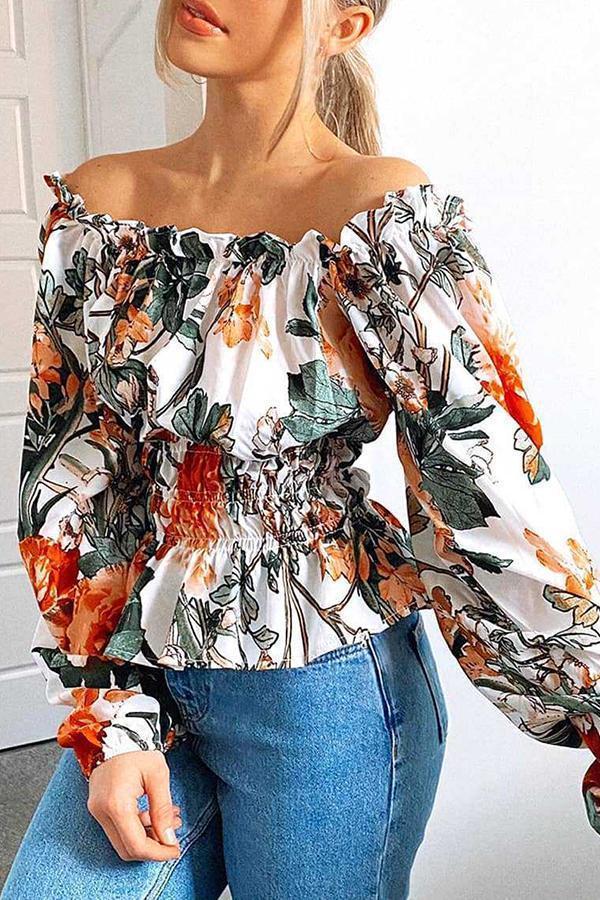 Long Sleeve Natural Print Square Collar Blouse