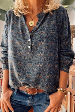 Long Sleeve Paisley V Neck Blouse