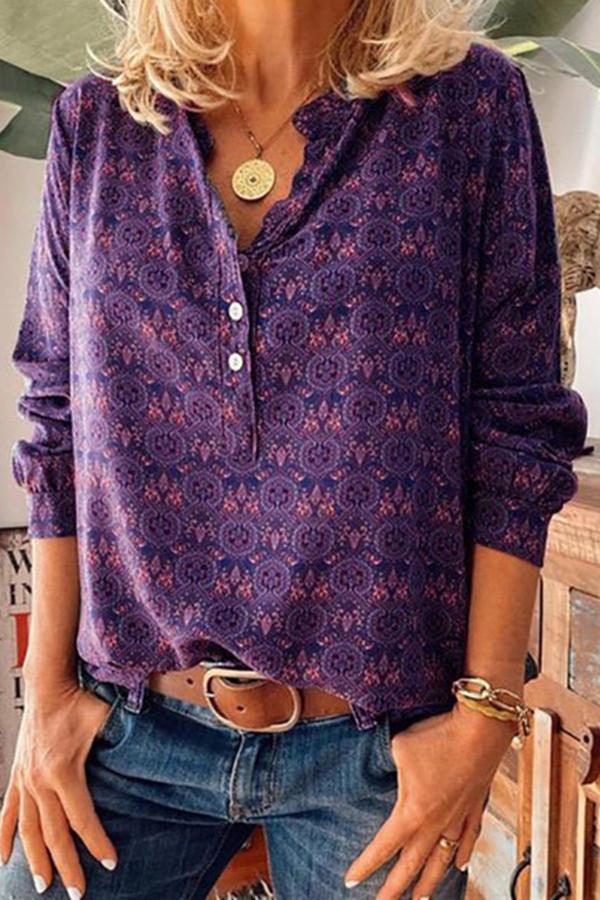 Long Sleeve Paisley V Neck Blouse