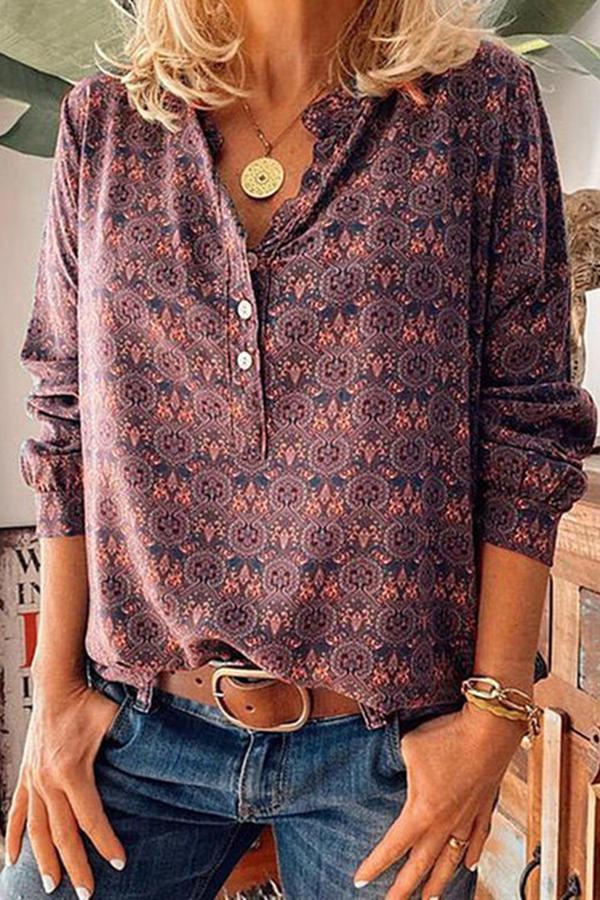 Long Sleeve Paisley V Neck Blouse