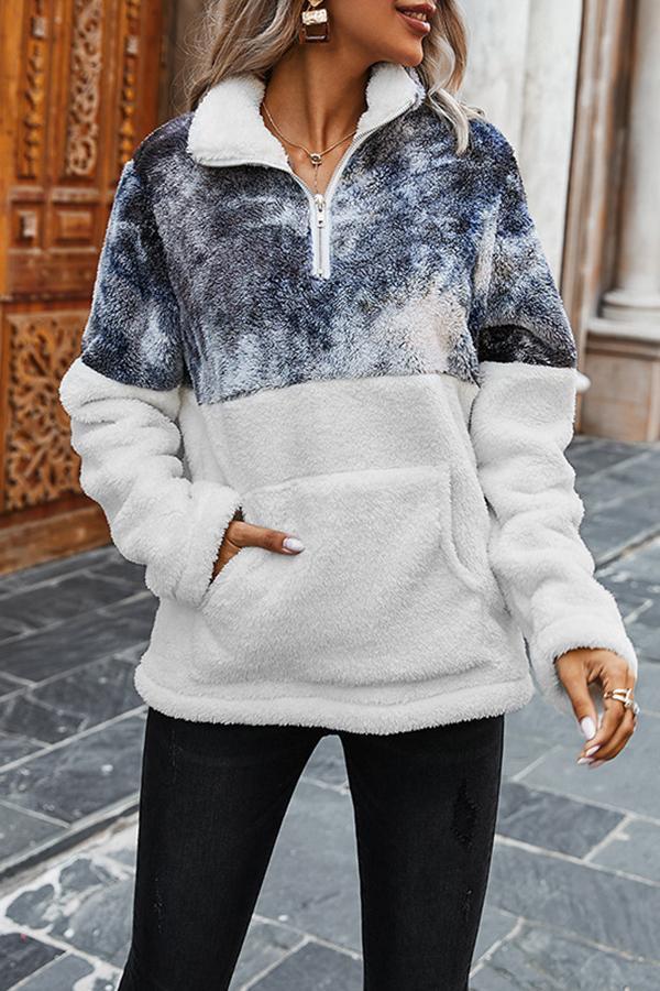 Fluffy Patchwork Polo Neck Sweatshirt