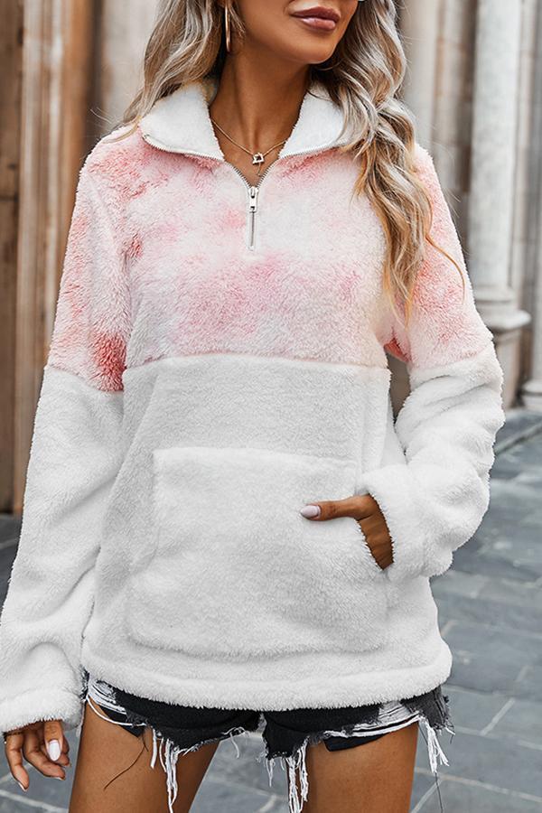 Fluffy Patchwork Polo Neck Sweatshirt