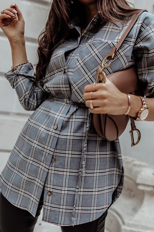 Plaid Shirt Collar Lace-Up Shirt