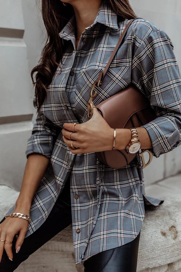 Plaid Shirt Collar Lace-Up Shirt