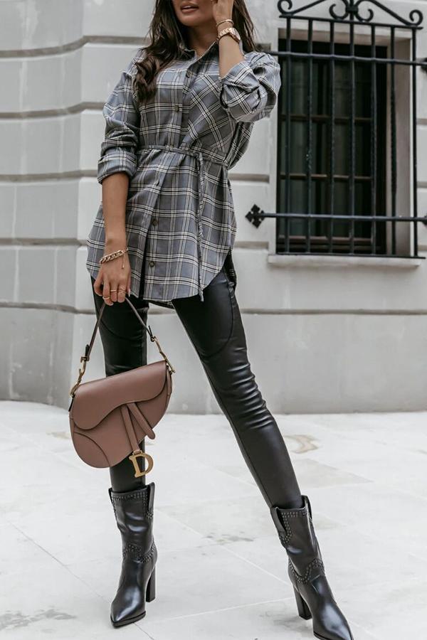 Plaid Shirt Collar Lace-Up Shirt