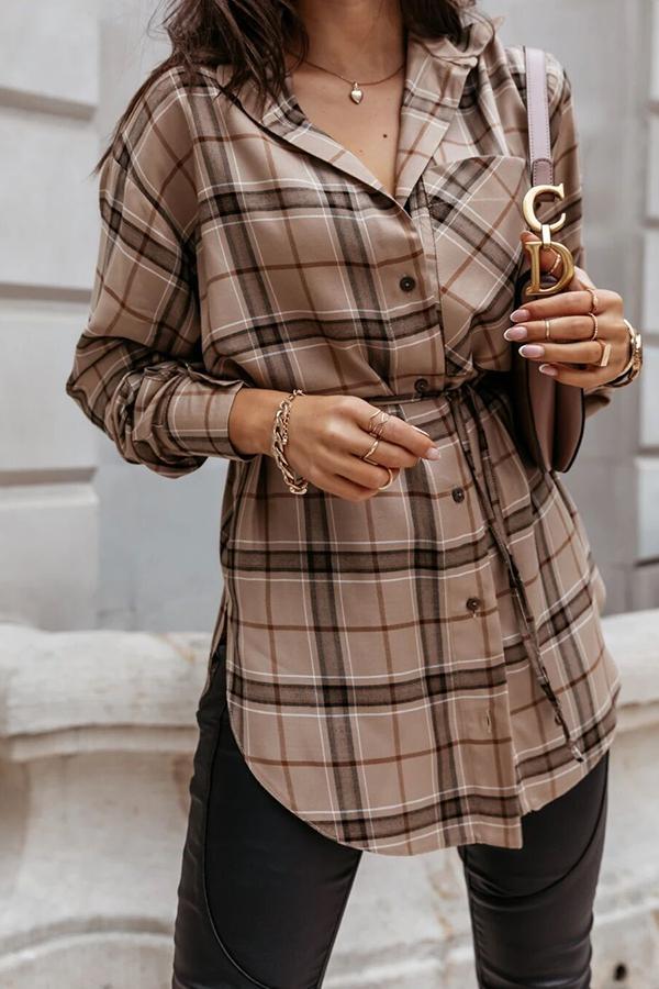 Plaid Shirt Collar Lace-Up Shirt