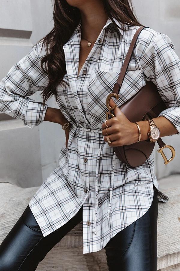 Plaid Shirt Collar Lace-Up Shirt