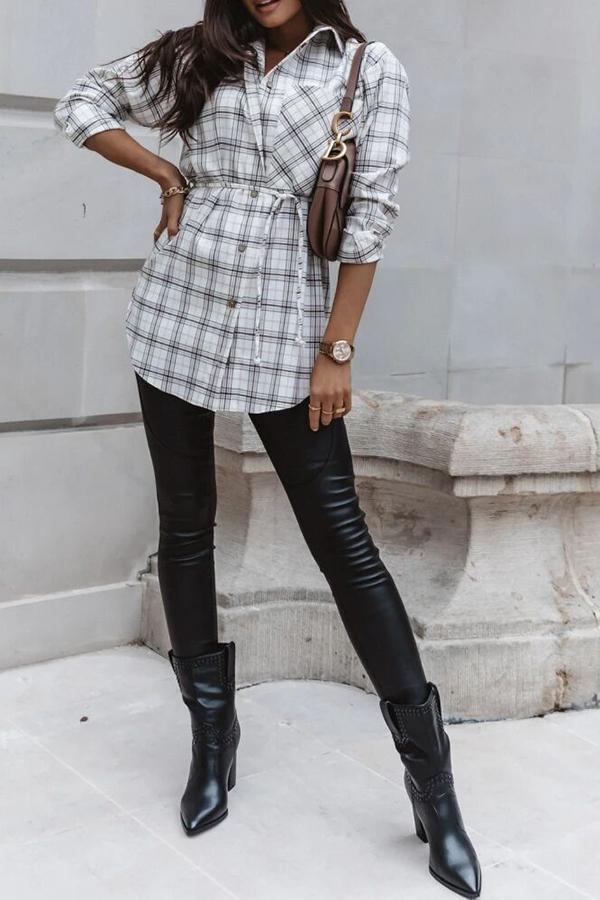 Plaid Shirt Collar Lace-Up Shirt