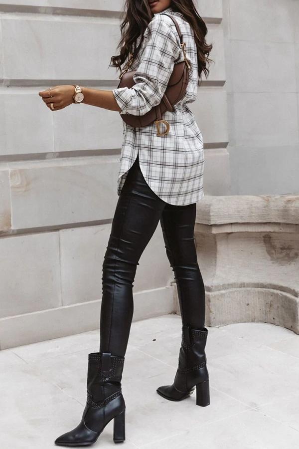 Plaid Shirt Collar Lace-Up Shirt