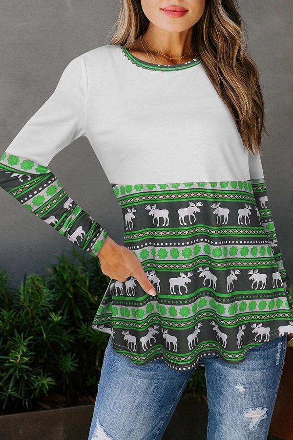 Christmas Patchwork Round Collar T-Shirt