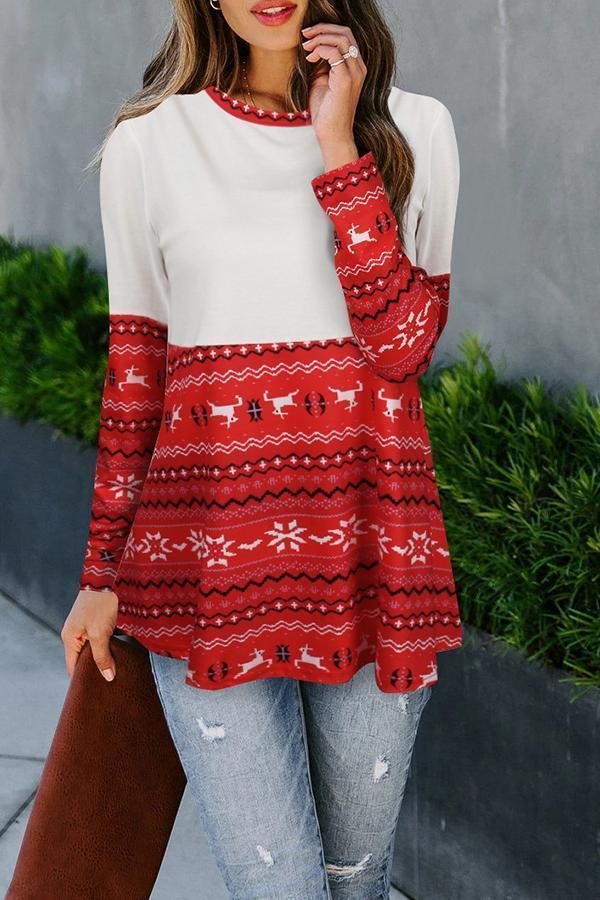 Christmas Patchwork Round Collar T-Shirt