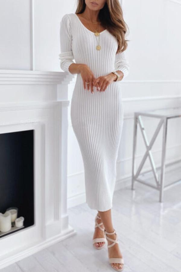 Ribbed Deep V Neck Kintted Midi Dress