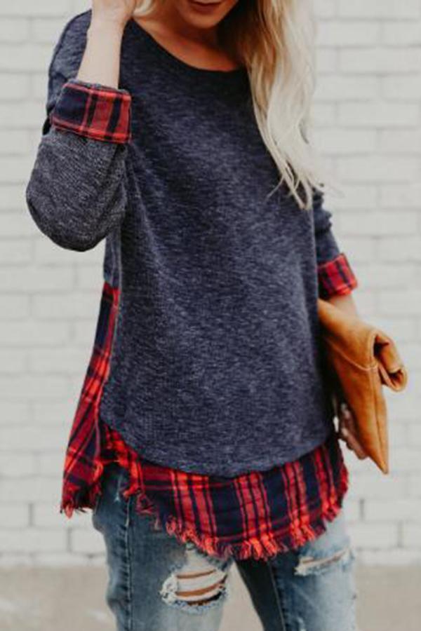 Plaid Patchwork Round Collar Sweatshirt