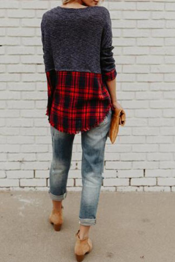 Plaid Patchwork Round Collar Sweatshirt