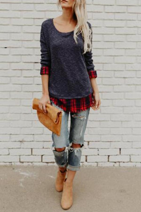 Plaid Patchwork Round Collar Sweatshirt