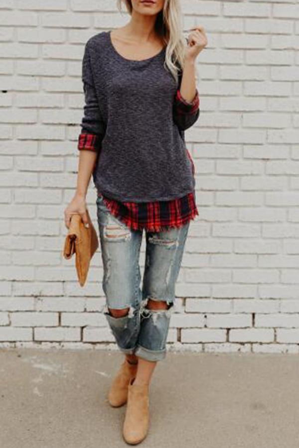 Plaid Patchwork Round Collar Sweatshirt